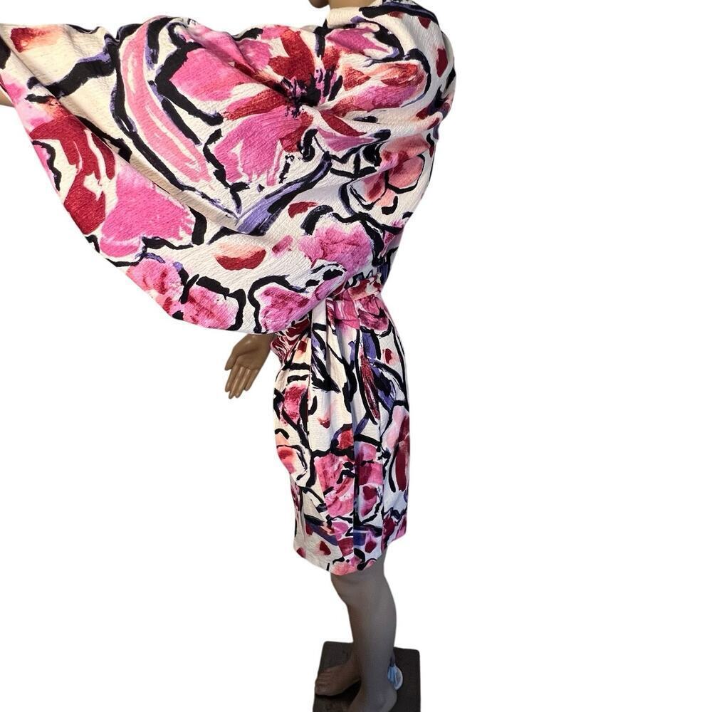 H&M ladies XS puff elastic sleeve red pink maroon wrap dress coverup floral mini - Picture 4 of 10